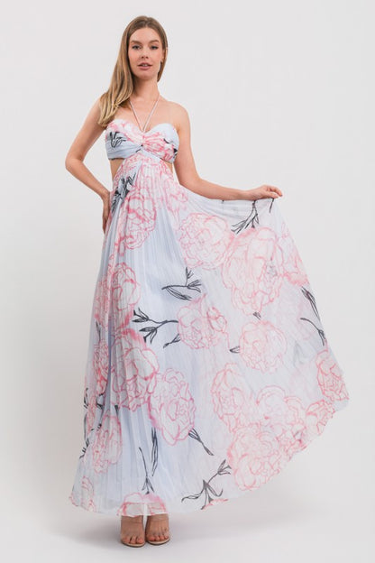 HALTER NECK OPEN BACK PLEATED MAXI DRESS