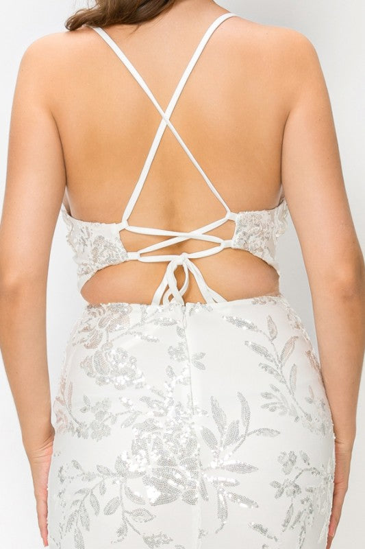 FLORAL SEQUIN MERMAID MAXI COCKTAIL DRESS