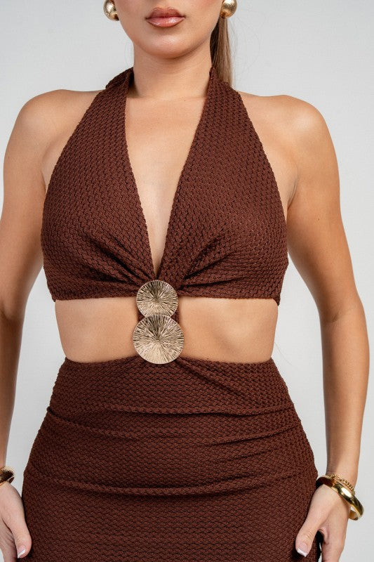 MIDI HALTER NECK DRESS WITH GOLD TRIM