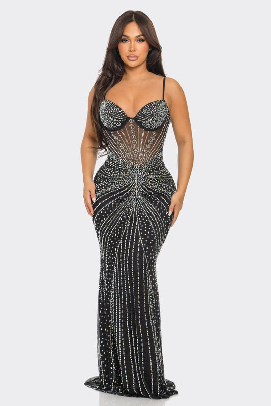 RHINESTONE EMBELLISHED MESH MAXI DRESS