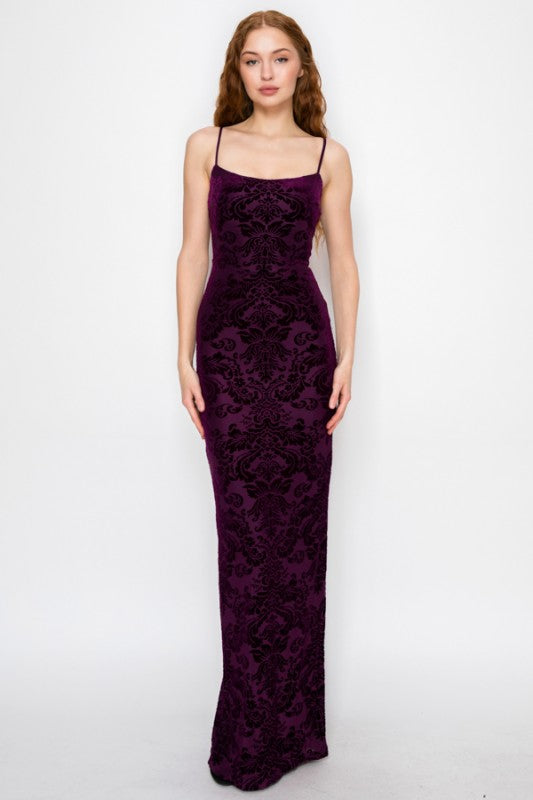 VELOUR FLORAL CROSSED BACK MERMAID MAXI PARTY DRESS