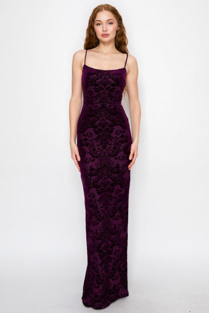 VELOUR FLORAL CROSSED BACK MERMAID MAXI PARTY DRESS