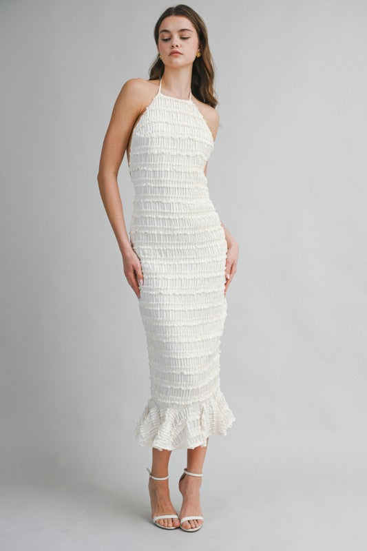 SMOCKED TIERED HALTER BODICE MIDI DRESS