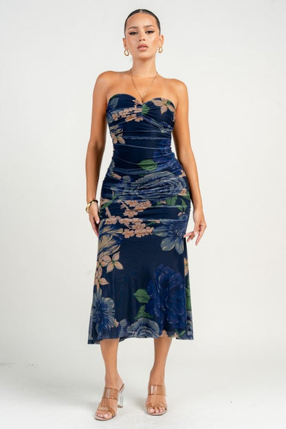 TUBE RUCHING MAXI FLARE PRINTED DRESS