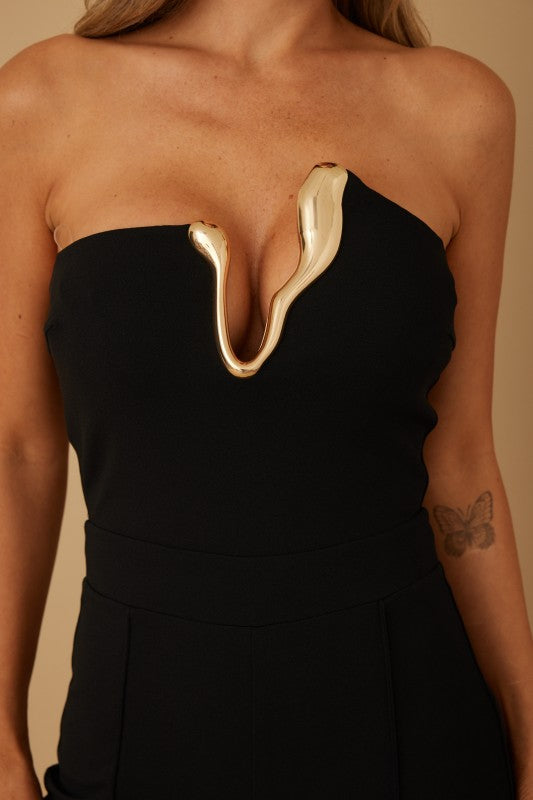 METALLIC TRIM STRAPLESS JUMPSUIT