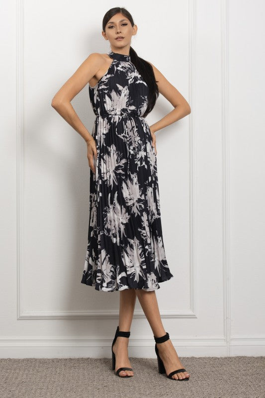 PRINTED HALTER NECK PLEATED MIDI DRESS