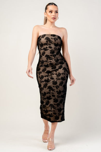 MESH VLEVET FLOCKING MIDI DRESS