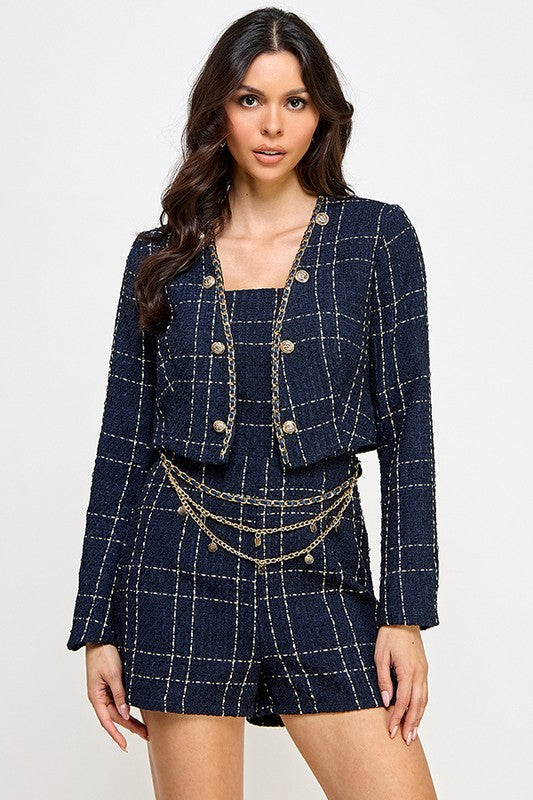 TWEED SWEETHEART NECK GOLD TRIM ROMPER WITH CROP BLAZER SET