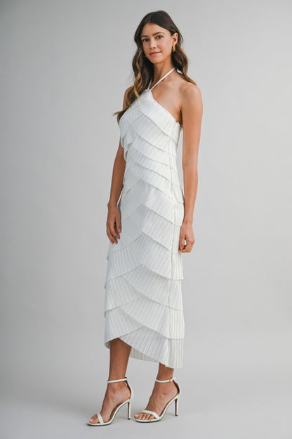 PLEATED HALTER LAYERED DIAGONAL RUFFLE MIDI DRESS