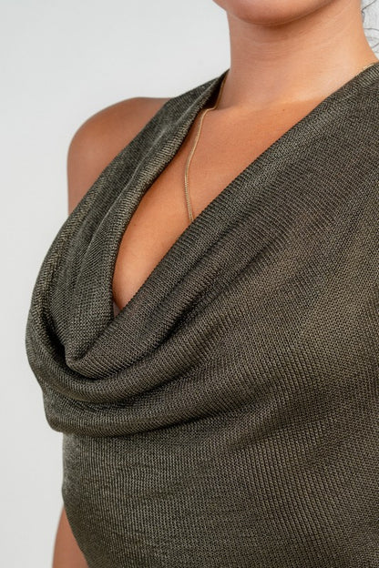 COWL HALTER NECK METALLIC SHIMMERING MINI DRESS