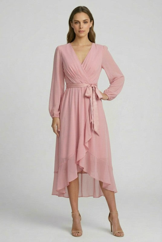 CHIFFON WRAP FRONT LONG SLEEVE HI LO DRESS – Bella Chica