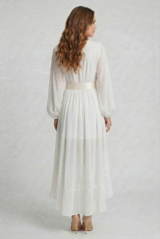 CHIFFON WRAP FRONT LONG SLEEVE HI LO DRESS