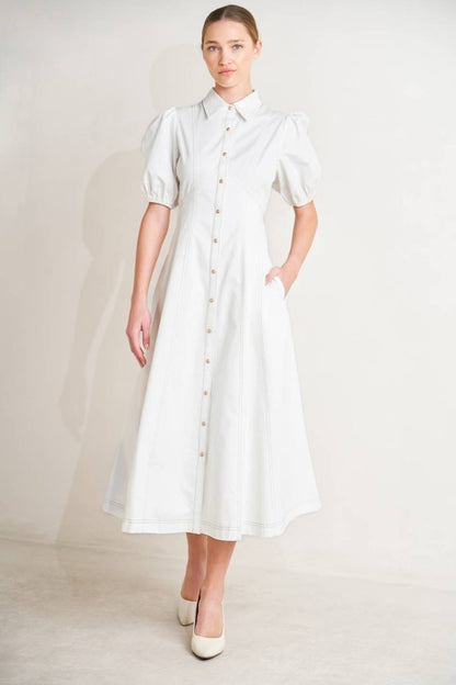 SOLID WOVEN SHORT BUFF SLEEVES MIDI DRESS