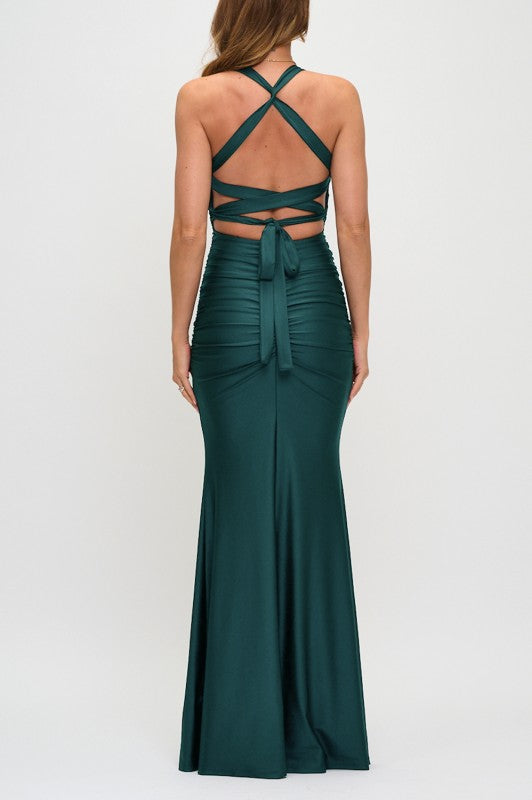 RUCHED TWIST LACE UP MERMAID MAXI COCKTAIL DRESS