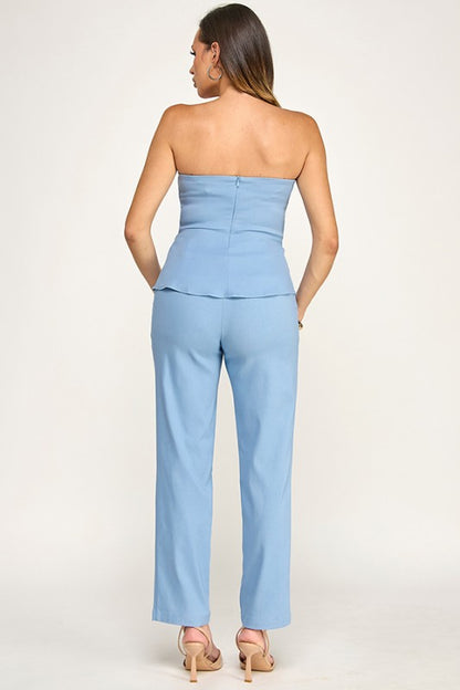 FLARE TUBE TOP WITH METAL BUCKLE AND PANTS SET