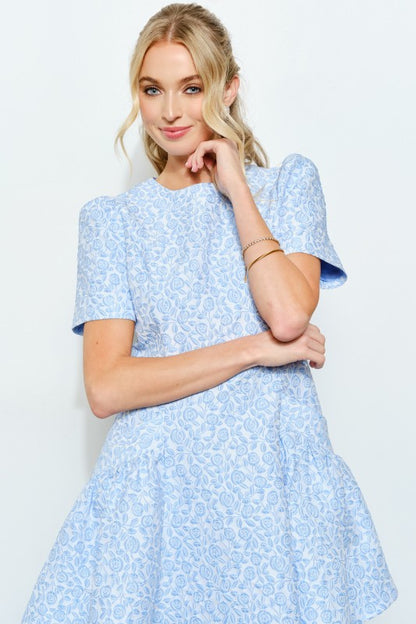 FLORAL JACQUARD FLARE MINI DRESS