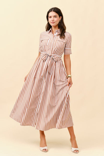 SHORT SLEEVES STRIPE BUTTON FRONT MIDI DRESS