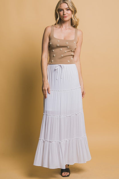 TIERED MAXI DRAWSTRING SKIRT