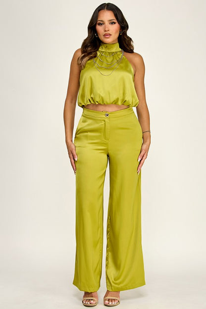 HALTER NECK CHAIN TRIM TOP W/ PANTS SET