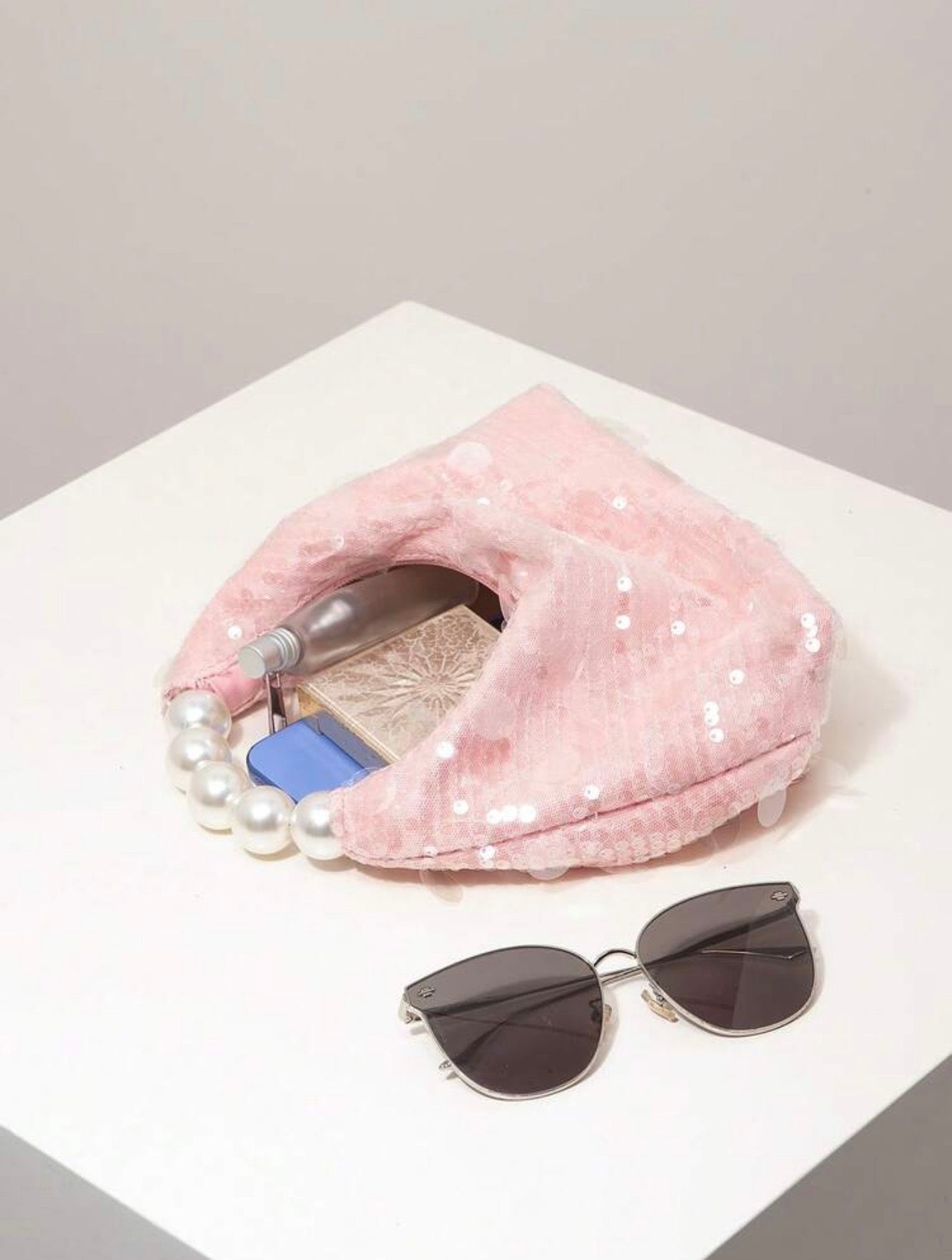 SEQUIN PARTY CLUTCH BAG WITH PEARL TOP HANDLE
