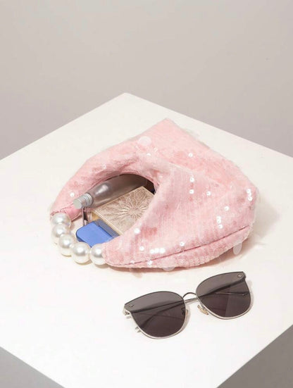SEQUIN PARTY CLUTCH BAG WITH PEARL TOP HANDLE