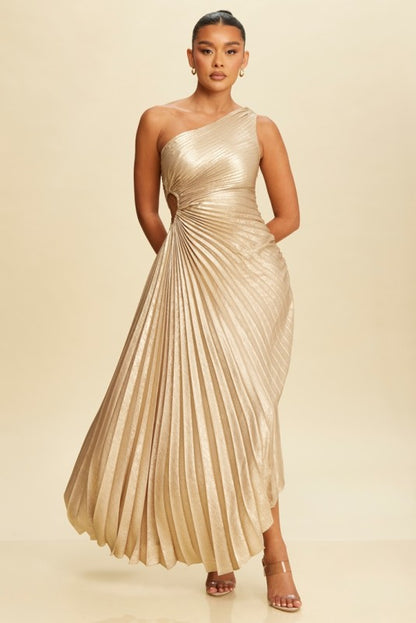 METALLIC PLEATED ONE SHOULDER DRESS
