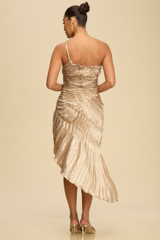 RUCHED METALLIC ASYMMETRICAL HEM PARTY DRESS