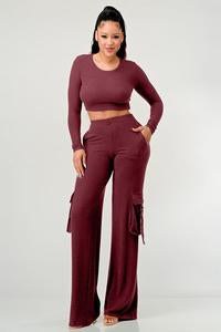 2 PIECES SET LONG SLEEVE TOP AND WIDE LEG CARGO PANTS SET