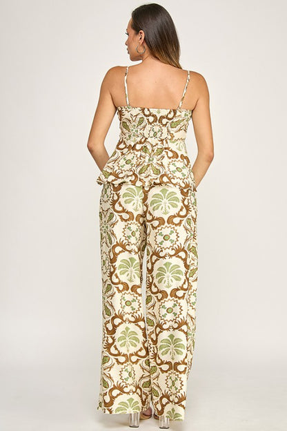PRINTED BUST CUT BANDEAU TOP AND PANTS SET