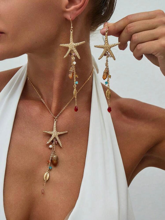3 PCS FINE CHAIN STARFISH PENDANT NECKLACE & EARRINGS SET