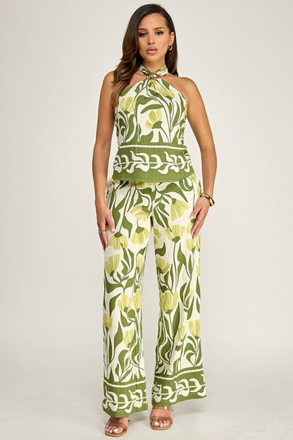 PRINTED HALTER NECK OPEN TIE DETAIL TOP W/PANTS SET