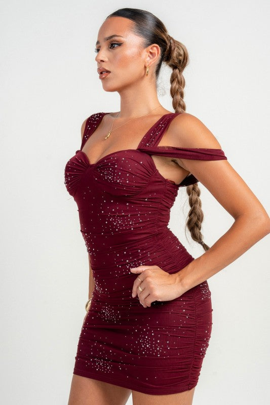 BUSTIER DRAPE SLV RUCHING MINI BODYCON PARTY DRESS