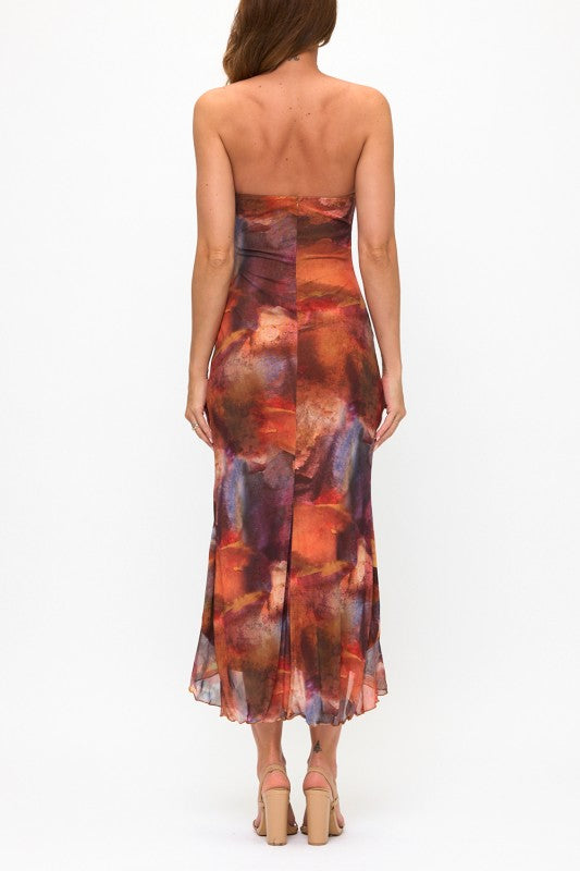 MESH. PRINTED MULTICOLOR RUFFLE SLIT MAXI DRESS