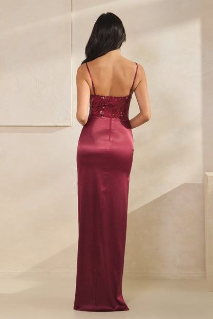 SPAGHETTIS STRAP SEQUIN CONTRAST SATIN MAXI COCKTAIL DRESS