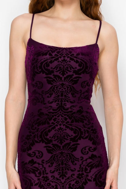 VELOUR FLORAL CROSSED BACK MERMAID MAXI PARTY DRESS