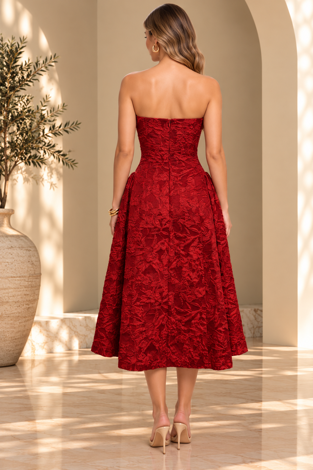 TEXTURED PUFF MIDI PARTY DRESS