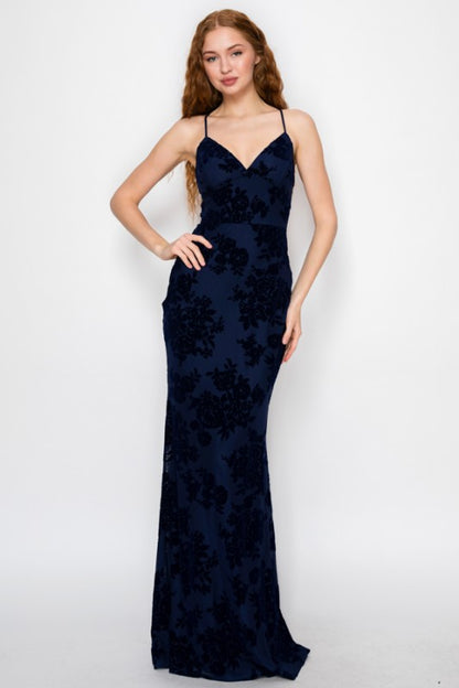 VELOUR FLORAL MERMAID MAXI PARTY DRESS