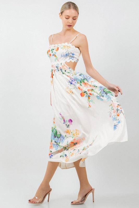 FLORAL PRINTED CUT OUT MIDI DRESS