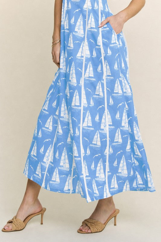 PRINTED PIPING DETAIL MAXI DRESS