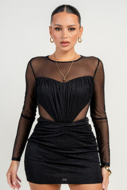 HEART SHAPE SEE THROUGH LONG SLEEVE SHIMMERING MINI PARTY DRESS