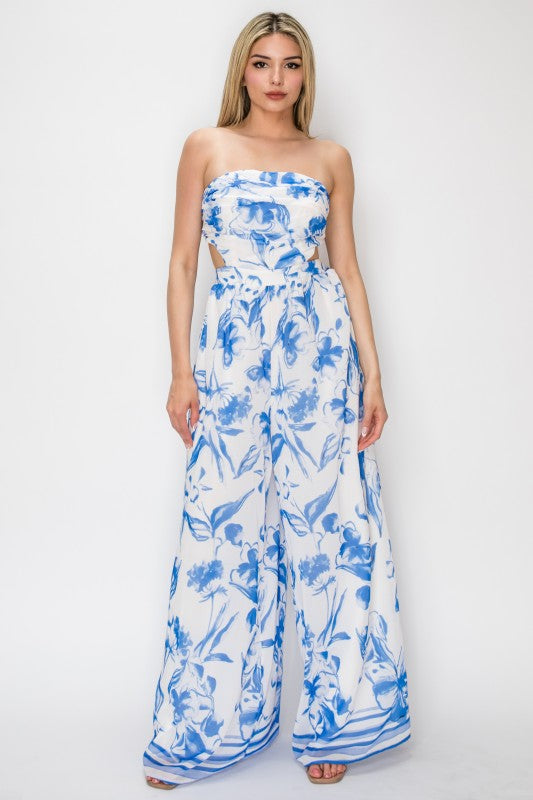 STRAPLESS FLORAL PRINTED WIDE LEG JUMPSUIT