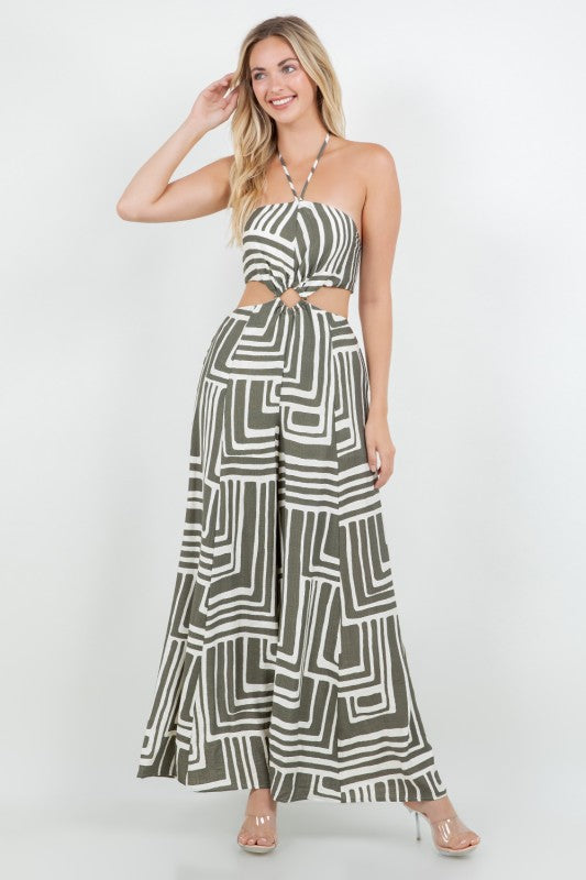 PRINTED HALTER NECK W OPEN BACK CUT OUT JUNPSUIT