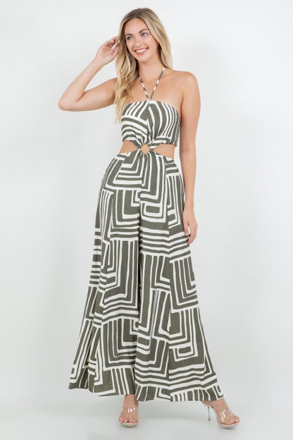 PRINTED HALTER NECK W OPEN BACK CUT OUT JUNPSUIT