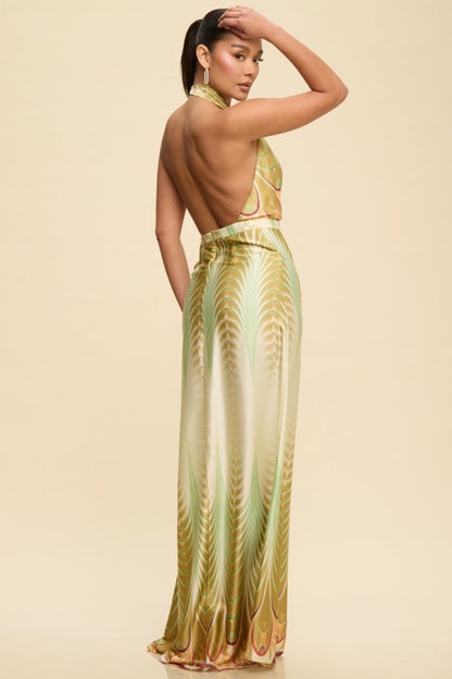 HALTER SATIN PRINTED MAXI SUMMER DRESS