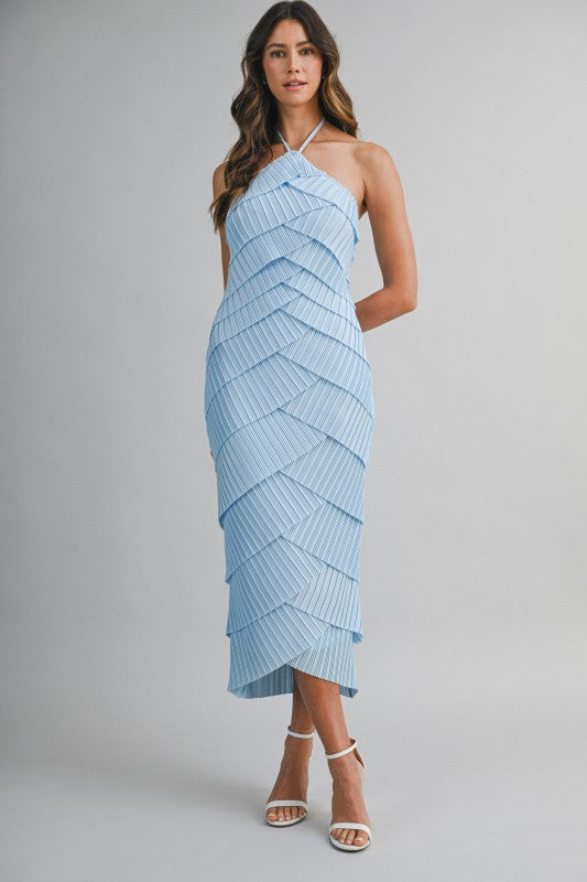 PLEATED HALTER LAYERED DIAGONAL RUFFLE MIDI DRESS