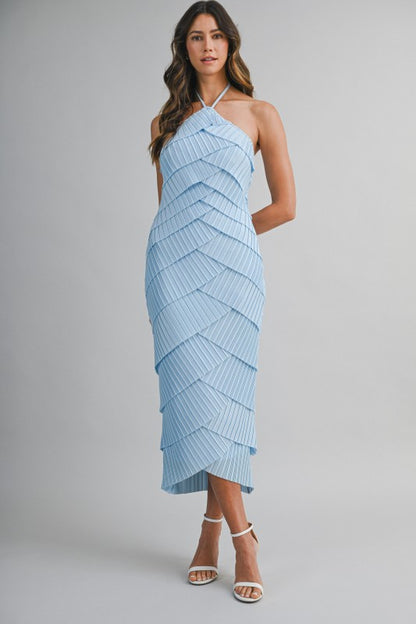 PLEATED HALTER LAYERED DIAGONAL RUFFLE MIDI DRESS