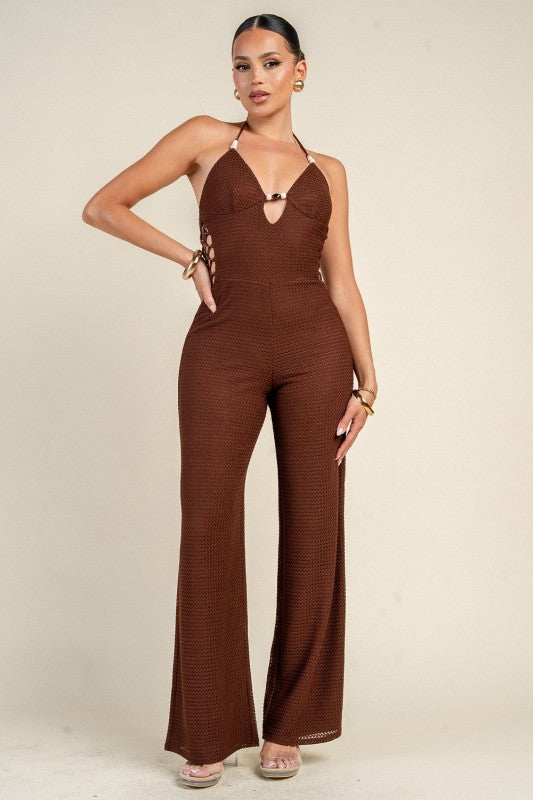 PATTERN KNIT WAIST LACE-UP JUMPSUIT