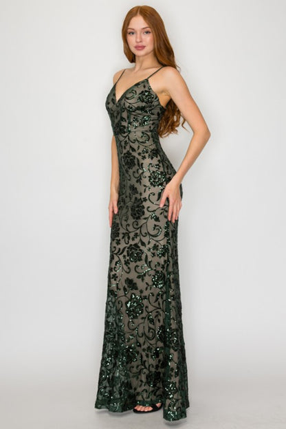 FLORAL SEQUIN CORSET MAXI COCKTAIL DRESS