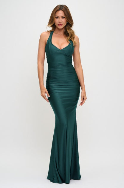 RUCHED TWIST LACE UP MERMAID MAXI COCKTAIL DRESS