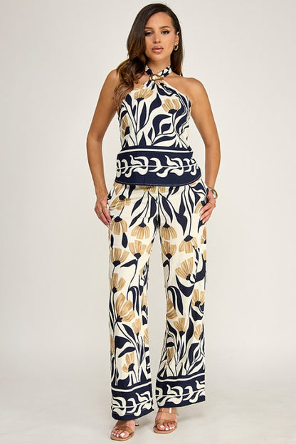 PRINTED HALTER NECK OPEN TIE DETAIL TOP W/PANTS SET